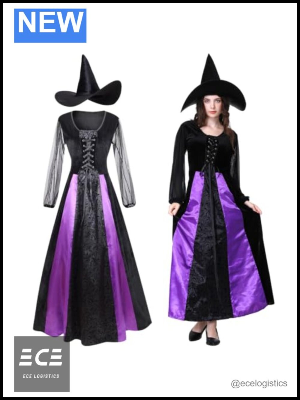 Women Wicked Witch Costume Long Sleeve Lace Up Cosplay Dress with Hat